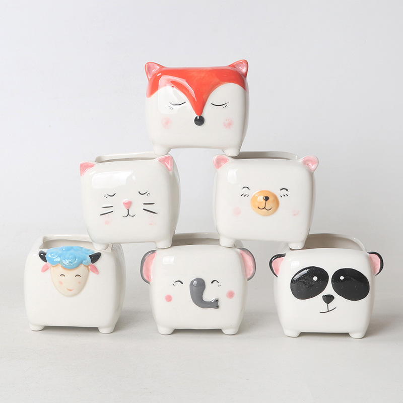 Nordic ceramic crafts simple succulent small square flower pot cute cat animal hand painted green plant flower pot decoration