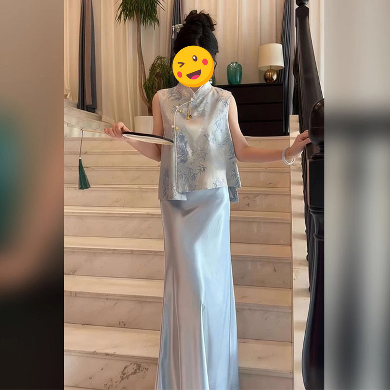 シングルピース/新しい中国風のブルーの女性の夏の新しい気質禅風改良されたチャイナドレストップスとスカートトレンディ|undefined