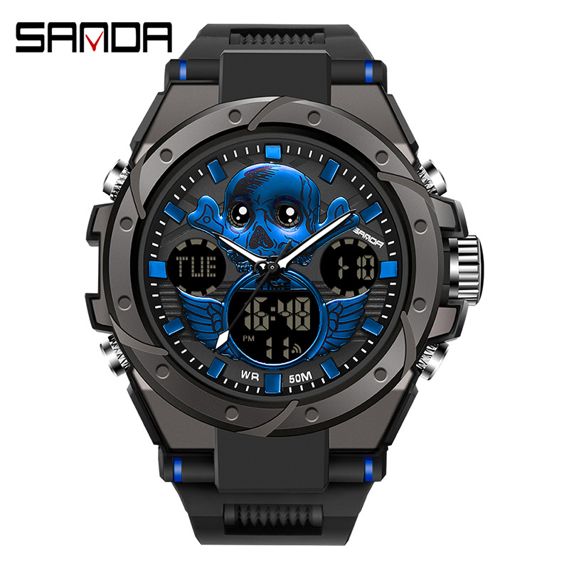 Sanda 6087 reloj electrónico multifunción luminoso impermeable fresco cráneo alas hombres reloj de moda