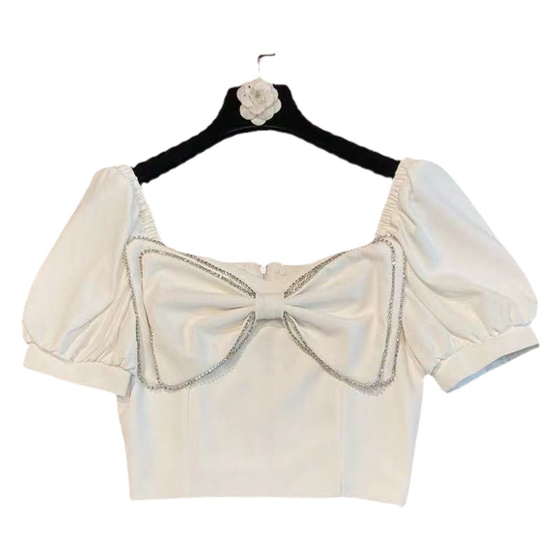 Las niñas de verano nuevo estilo coreano puff manga camisa cuello cuadrado arco diamante incrustado moda para niños corto Top moda