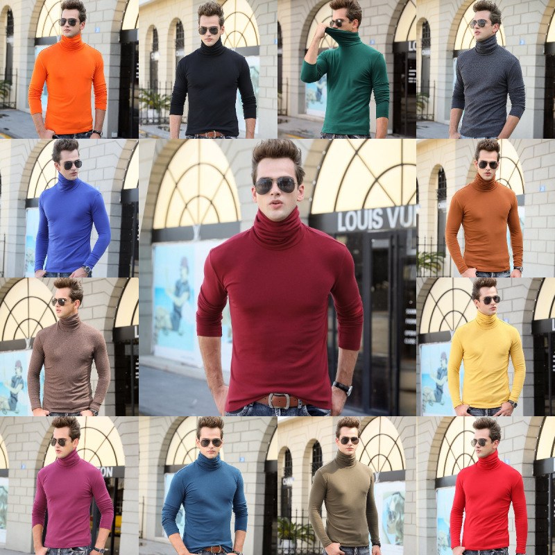 European Station Men's High Neck Long Sleeve T-shirt Men's Stretch Slim Top plus size Solid Color All-match Base Shirt in stock