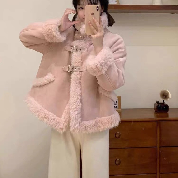 เสื้อโค้ทขนแกะผสมหนังแบบสั้น สำหรับผู้หญิง ฤดูหนาว สำหรับคนตัวเล็ก บุขน หนาพิเศษ ผิวหนังนิ่ม แบบมอเตอร์ไซค์ ทำจากหนังกลับ