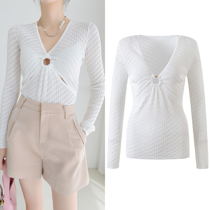 2022 summer new women's fashionable V-neck sexy hollow-out long-sleeved white top slim slimming sweater