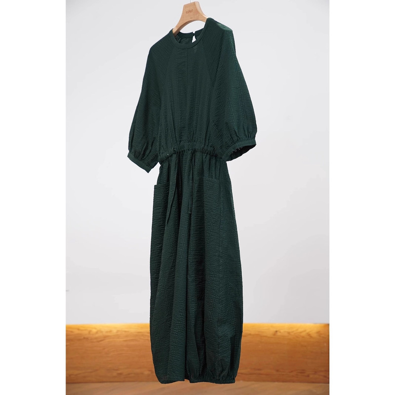 Designer Style~Understated and Elegant Forest Green~Bubble Cotton Round Neck Dress with Lantern Sleeves and Cinched Waist Designer Style~Understated and Elegant Forest Green~Bubble Cotton Round Neck Dress with Lantern Sleeves and Cinched Waist