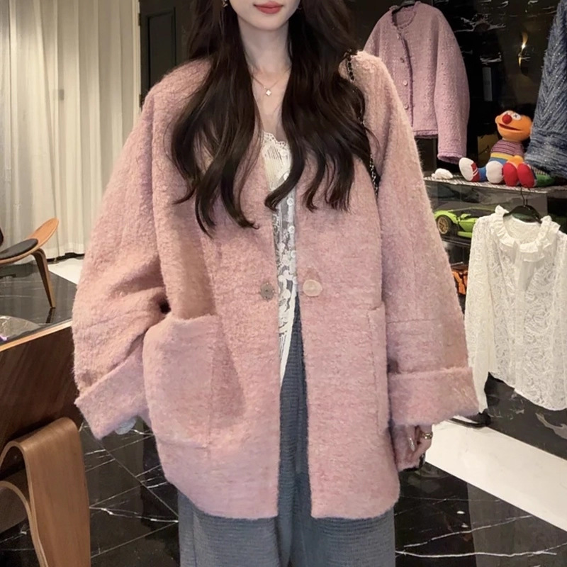 [Litchi Berry] Designer Custom-Made/Wool Special Yarn Fashionable Warm Jacket Women's Autumn and Winter Woolen Top