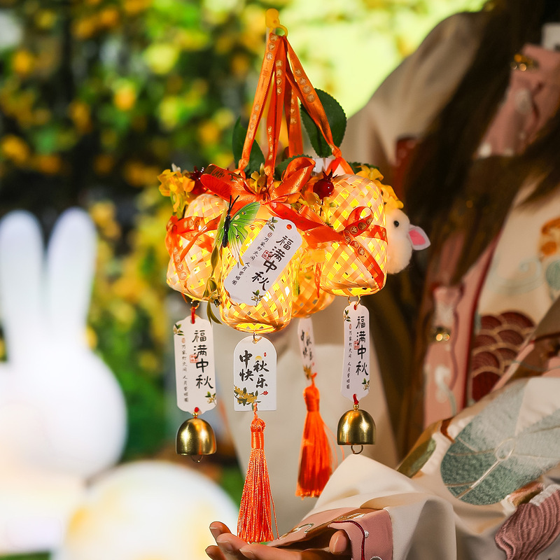 中秋节灯笼竹编玉兔花灯儿童手提户外古风发光小兔子成品挂饰批发|undefined