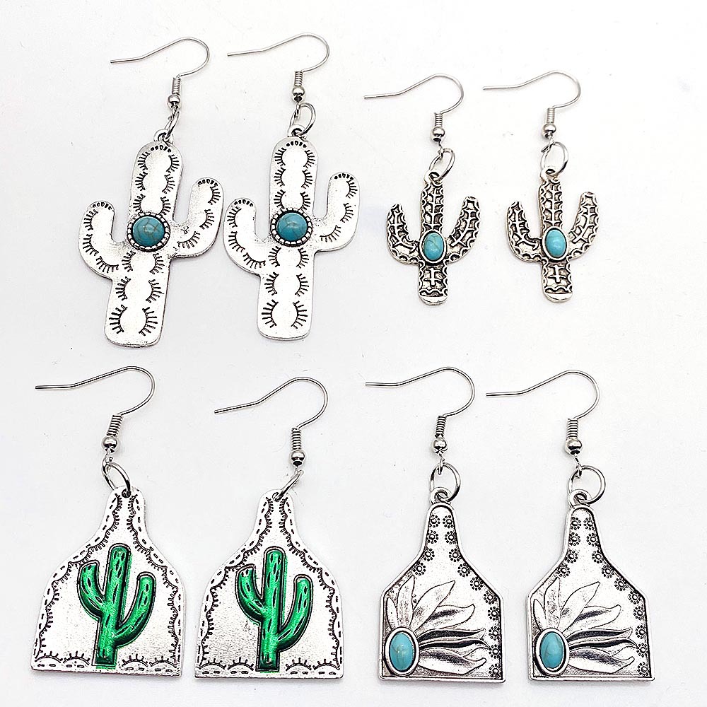 1 Pair Fashion Cactus Metal Inlay Turquoise Women's Drop Earrings display picture 1