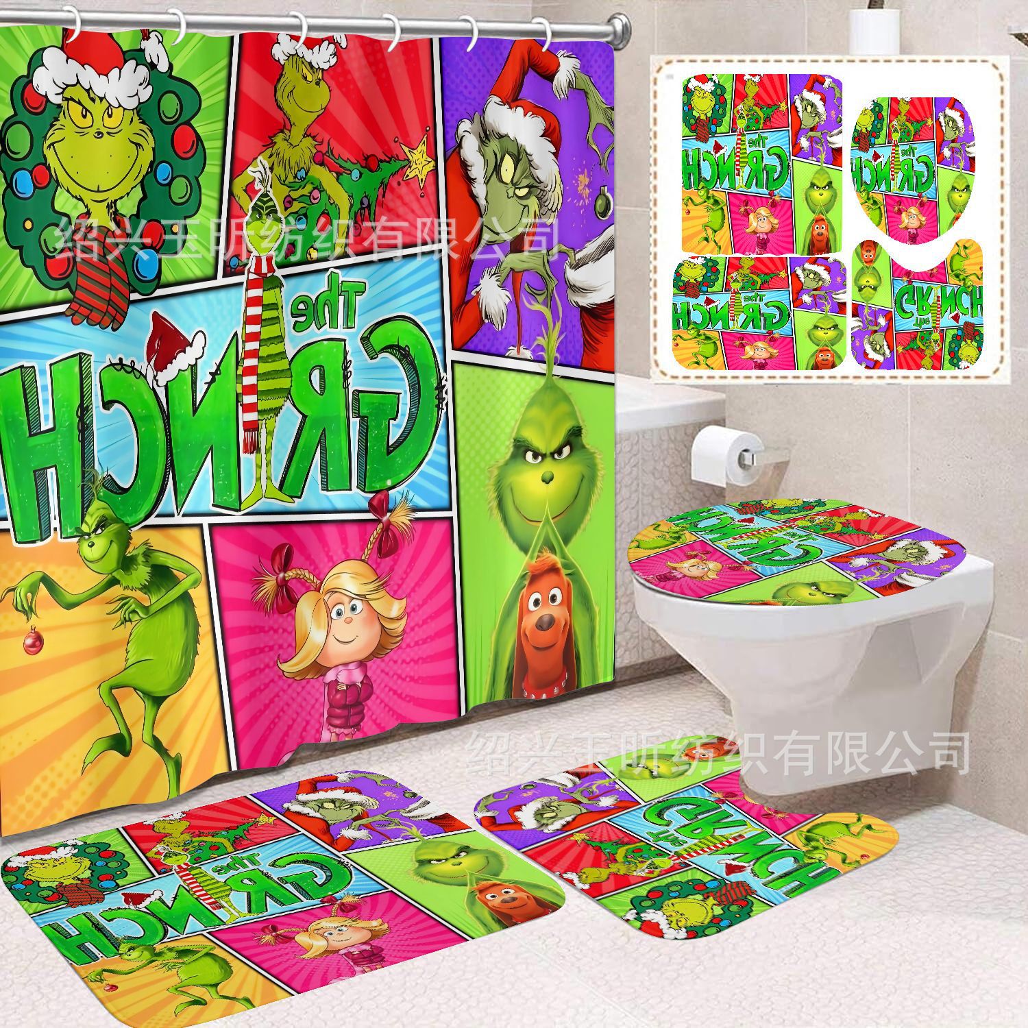 Tela de cortina de ducha transfronteriza, cortina de ducha impermeable, alfombra antideslizante de baño, juego de Grinch 4 de pelo verde al por mayor, sin perforación