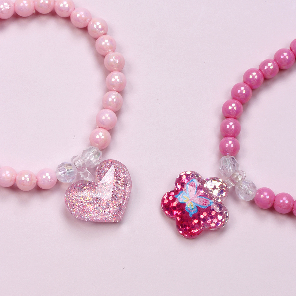 Cute Heart Shape Flower Butterfly Plastic Beaded Girlu0027S Bracelets 6 Pieces