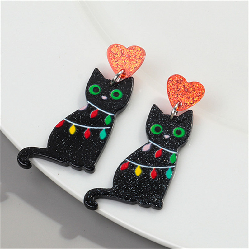 Aretes de gato cambiables de Navidad – acrílico, estilo adorable, campana, gato negro, Europa/América