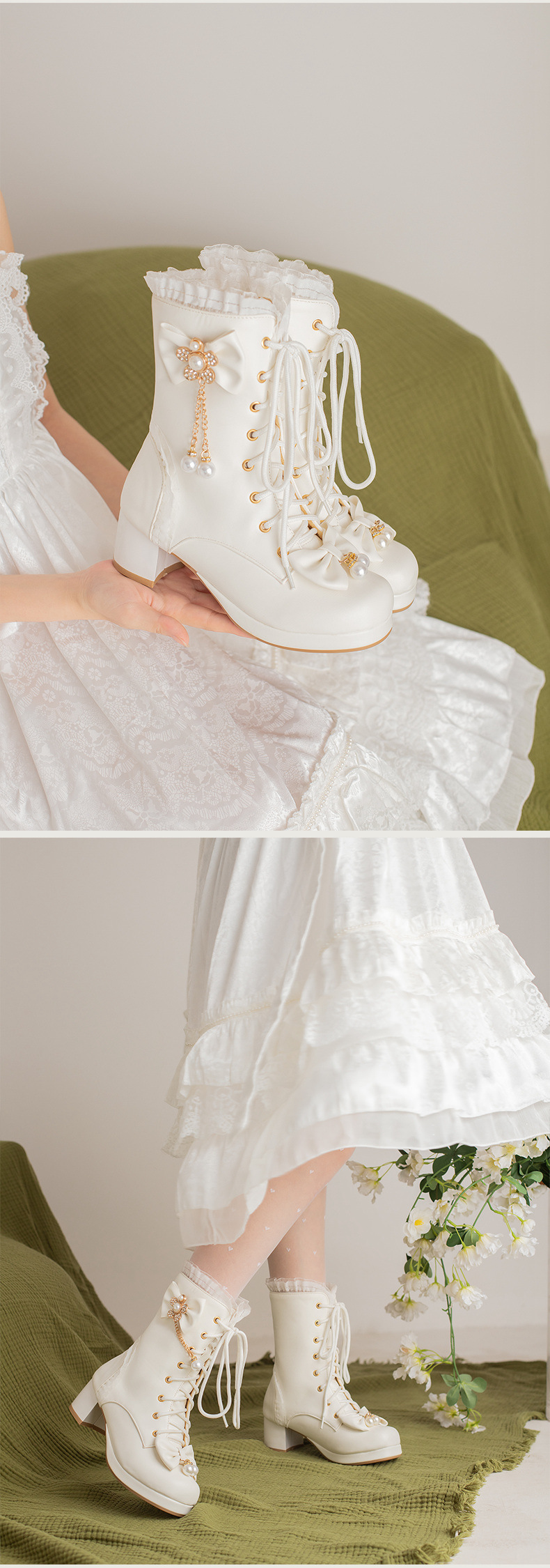 Female Bow Thick Heeled Short Boots Lolita Shoes