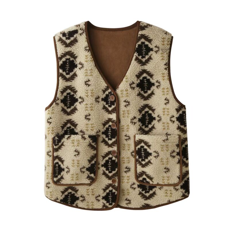 Retro Fair Isle Lamb Wool Vest for Women, Autumn and Winter Warm Stylish V-Neck Layered Vest, Fluffy Coat Retro Fair Isle Lamb Wool Vest for Women, Autumn and Winter Warm Stylish V-Neck Layered Vest, Fluffy Coat