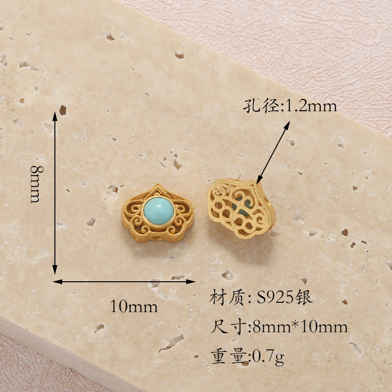 Raw Turquoise S925 Silver Gold-Plated Heart-Shaped Four-Leaf Clover Round Butterfly Pendant Spacer Bead DIY T6