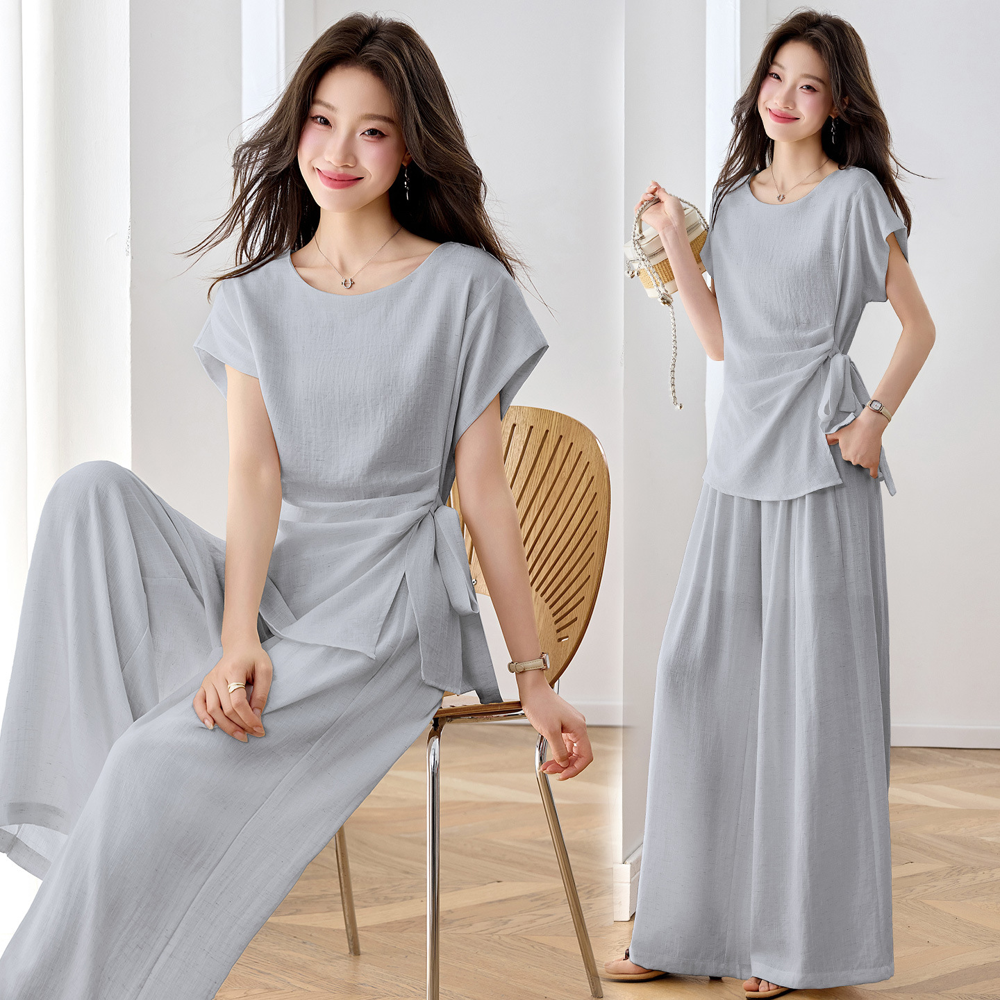 Bộ áo thun cổ tròn nơ buộc kết hợp quần ống rộng nữ 2 món — xanh lam, màu kaki, màu trắng ngà
