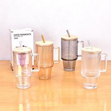 轻奢竹盖竖纹玻璃杯 家用带把手吸管杯 办公司桌面喝水杯节日礼品