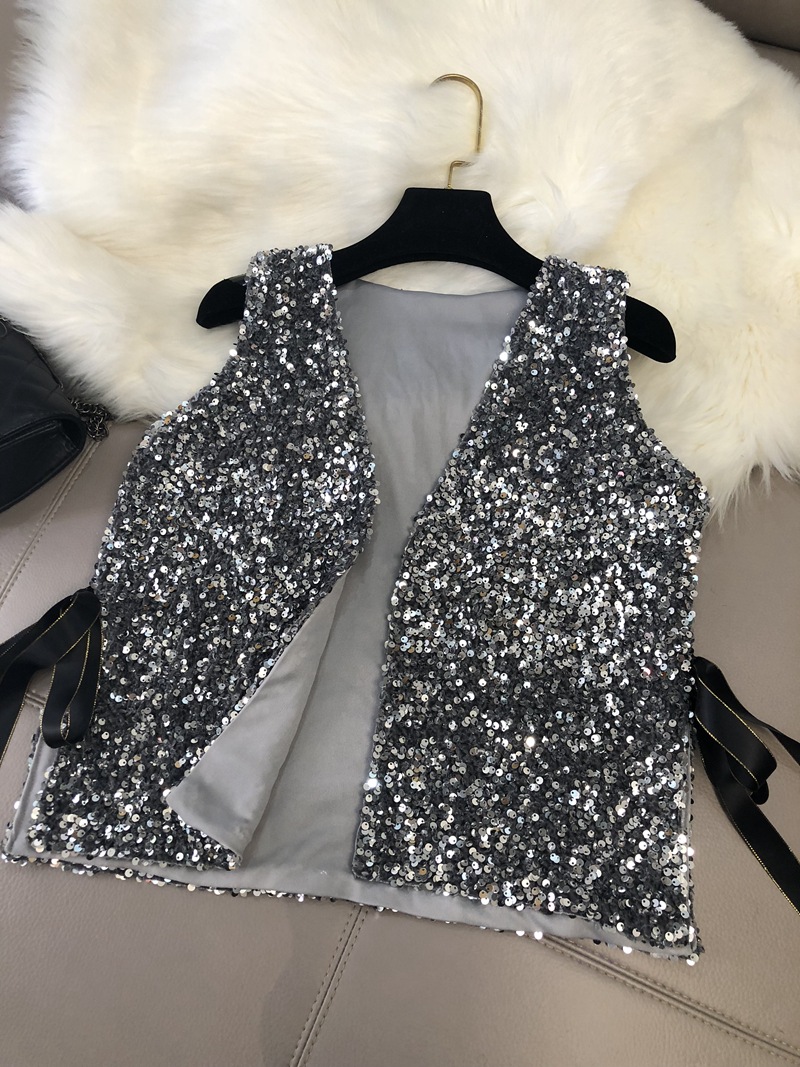 Otoño e Invierno nuevo bingbing brillante lentejuelas chaleco suelto encaje-up corto versátil camisa cardigan top