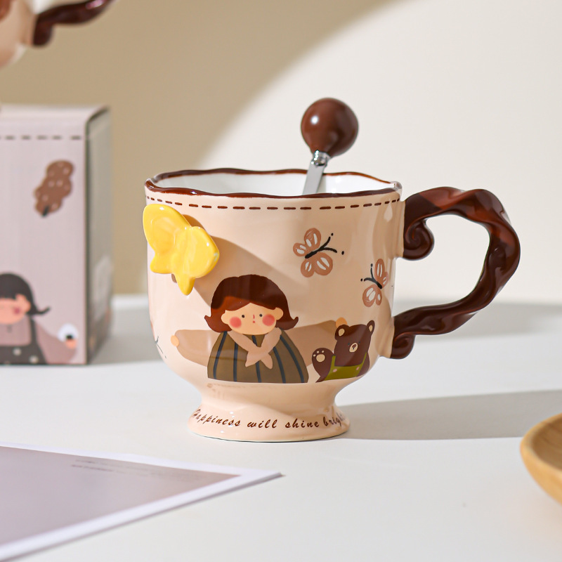 Retro encantadora chica taza de cerámica de alto valor de visualización de oficina casa taza de agua taza de café mano regalo de cumpleaños al por mayor