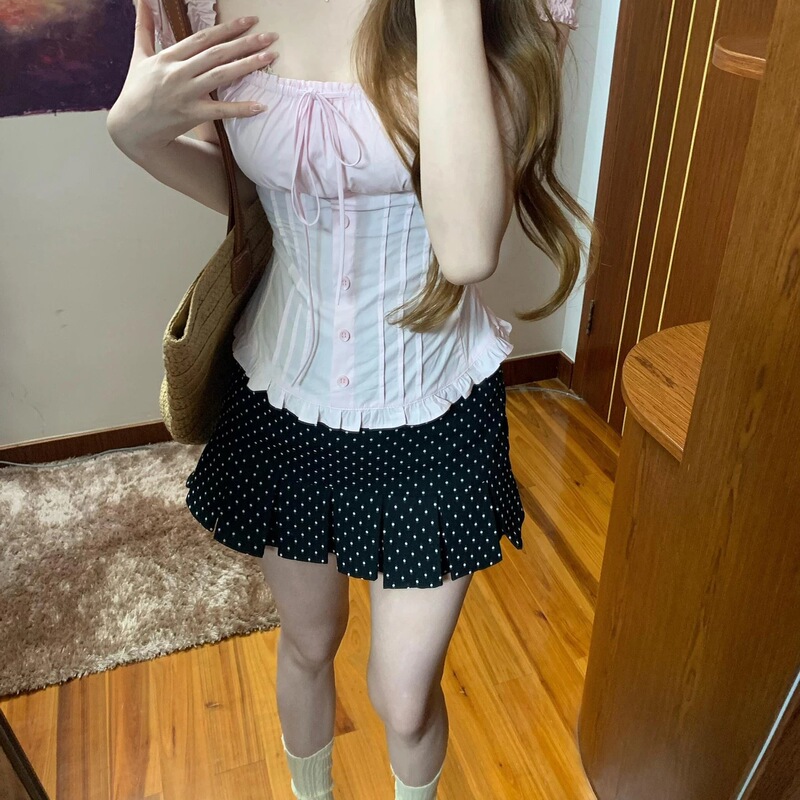 2026 Summer French-Style Sweet Puff Sleeve Bow Square Neck Shirt Square Neck Off-Shoulder Blouse Black Pink