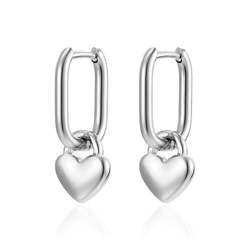 ins European and American temperament stainless steel heart pendant earrings, light luxury style geometric titanium steel heart pendant earrings for women 