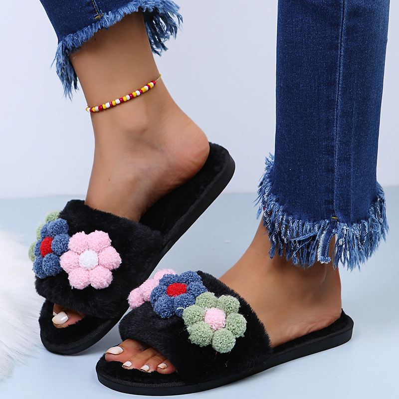 Flat-Bottomed Colorful Flowers Furry Slippers NSKJX104840