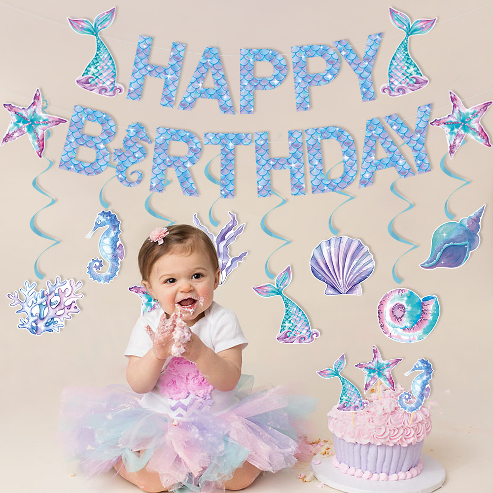 Nueva sirena cumpleaños fiesta decoración traje cumpleaños tire bandera submarino tema espiral colgante pastel tarjeta inserción