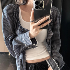 覆古格子衬衫外套女2025春秋设计款领口抽绳袖口蕾丝防晒格纹开衫