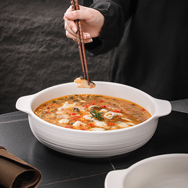 Large Ceramic Bowl for Pickled Fish, Large Capacity, Suitable for Home and Hotel Use, Anti-Scalding Double-Handle Design, High-Temperature Resistant White Porcelain Bowl