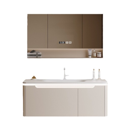 Creamy style Corian integrated bathroom cabinet set, hairdryer stand mirror cabinet, bathroom washbasin sink and toiletries vanity
