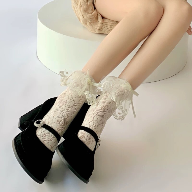 Women's Thin Japanese Mesh Lace Lace White Mid-Length Stockings