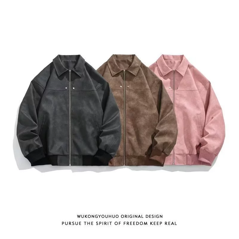 Autumn retro brown short polyurethane jacket, American style