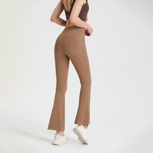 Cross-border European and American naked quick-drying yoga bell-bottom pants for women, high-waisted hip-raising slimming sports pants, fitness casual wide-leg pants