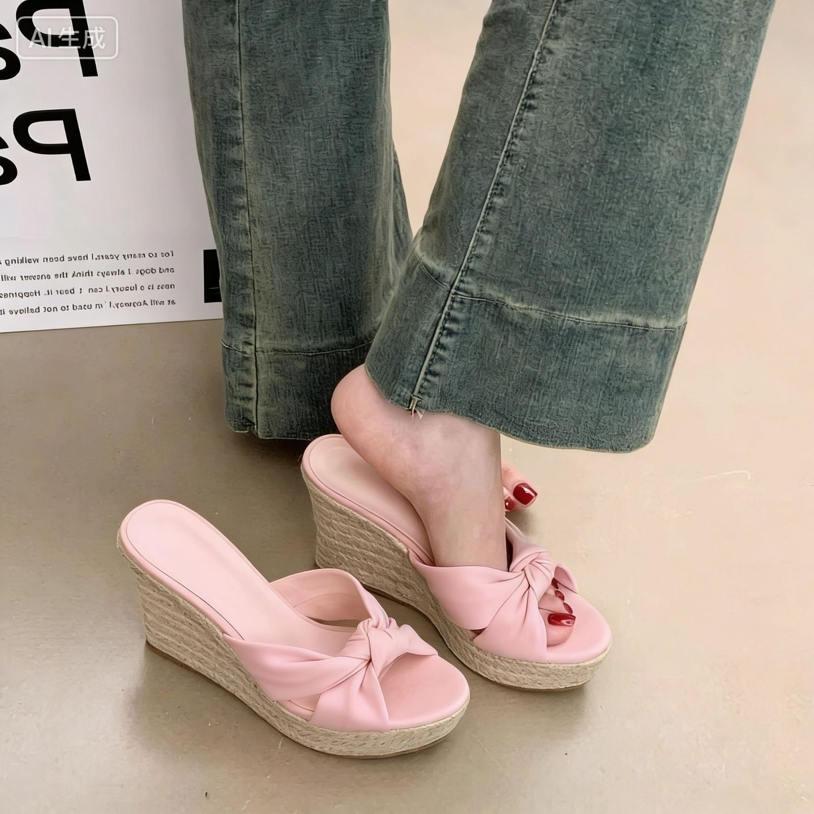 2026 verano hermoso red pendiente roja zapatillas de tacón de moda para mujeres arco pequeño aumento de altura de cordón tejido zapatos de mujer image 3