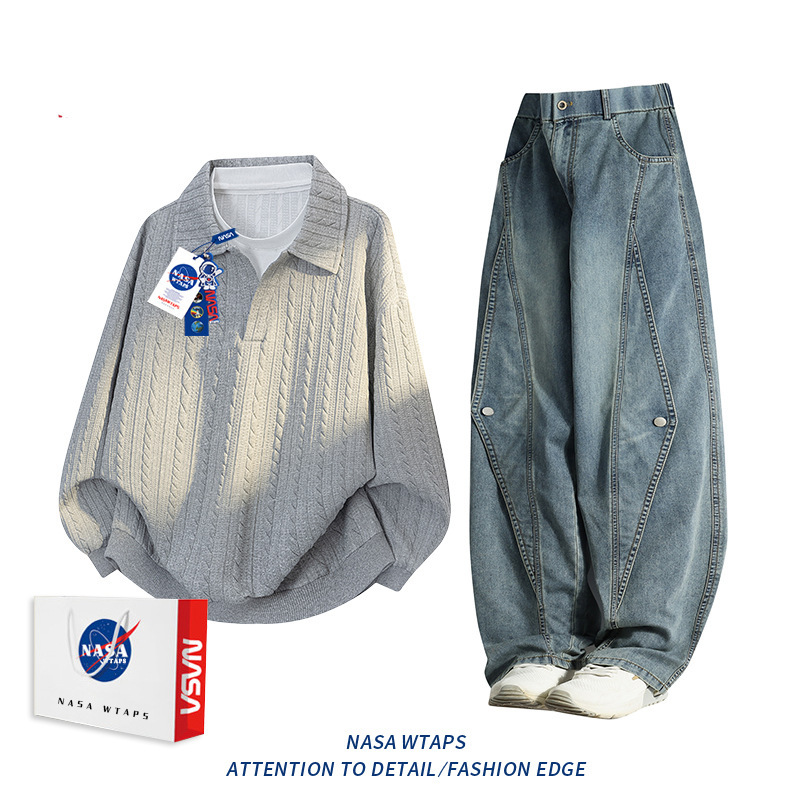 NASA ABOUT美式假两件polo衫卫衣牛仔裤套装男款秋季潮休闲两件套|undefined