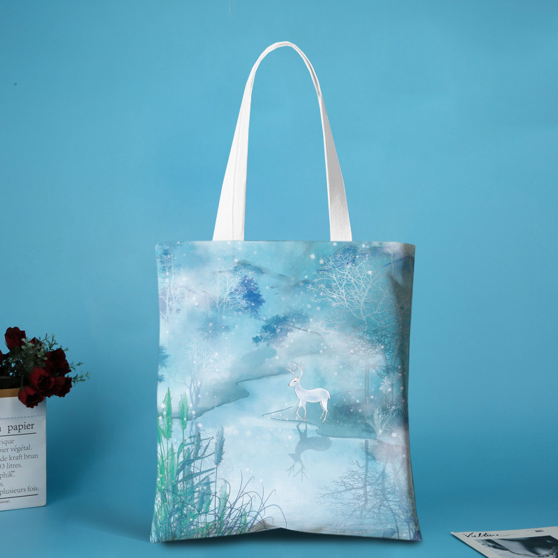 Guofeng Printed Shoulder Canvas Bag Antique Canvas Bag Landscape Hanfu Bag Women's Simple Shopping Bag Vintage Handbag