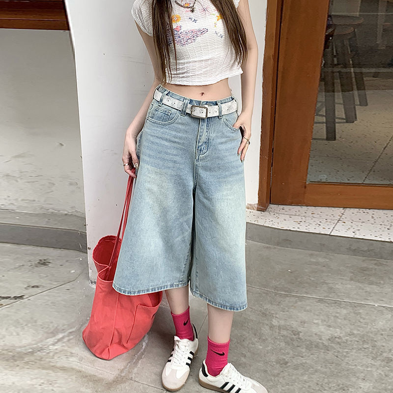 Korean-Style Loose Wide-Leg Denim Capri Pants for Women, Summer Thin Version, Petite Plus-Size Slimming Straight Shorts