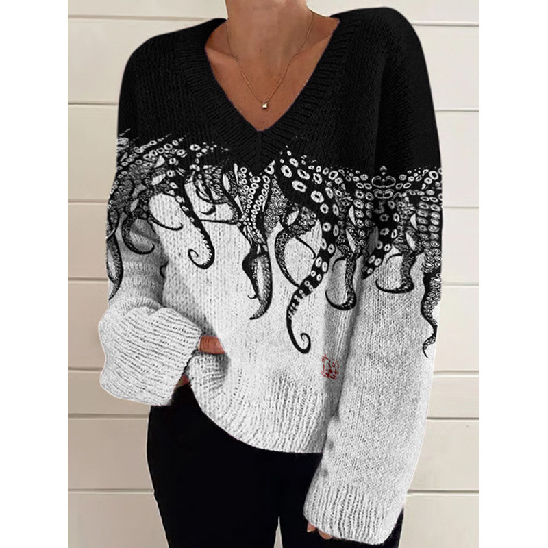 Amazon Cross-Border Export New Thick Needle Hot Selling 3D Digital Printing Women's V Neck Autumn and Winter Sweatshirt Tops