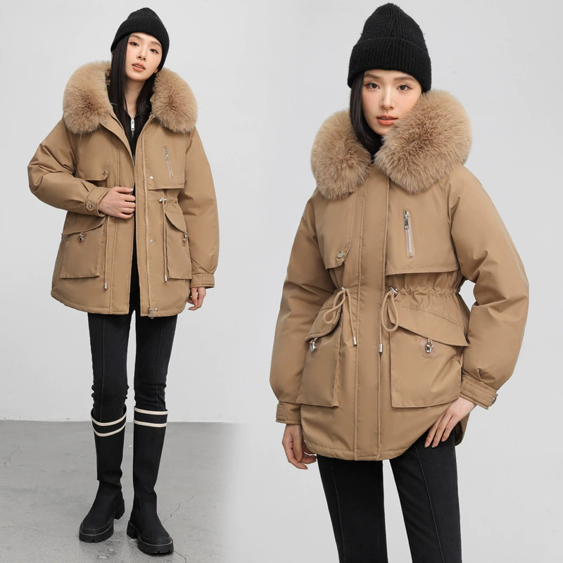 Трансграничная женская бархатная утолщение Paker одежда женская средняя длинная зимняя модель 24 новый большой шерстяной воротник тонкая хлопчатобумажная куртка