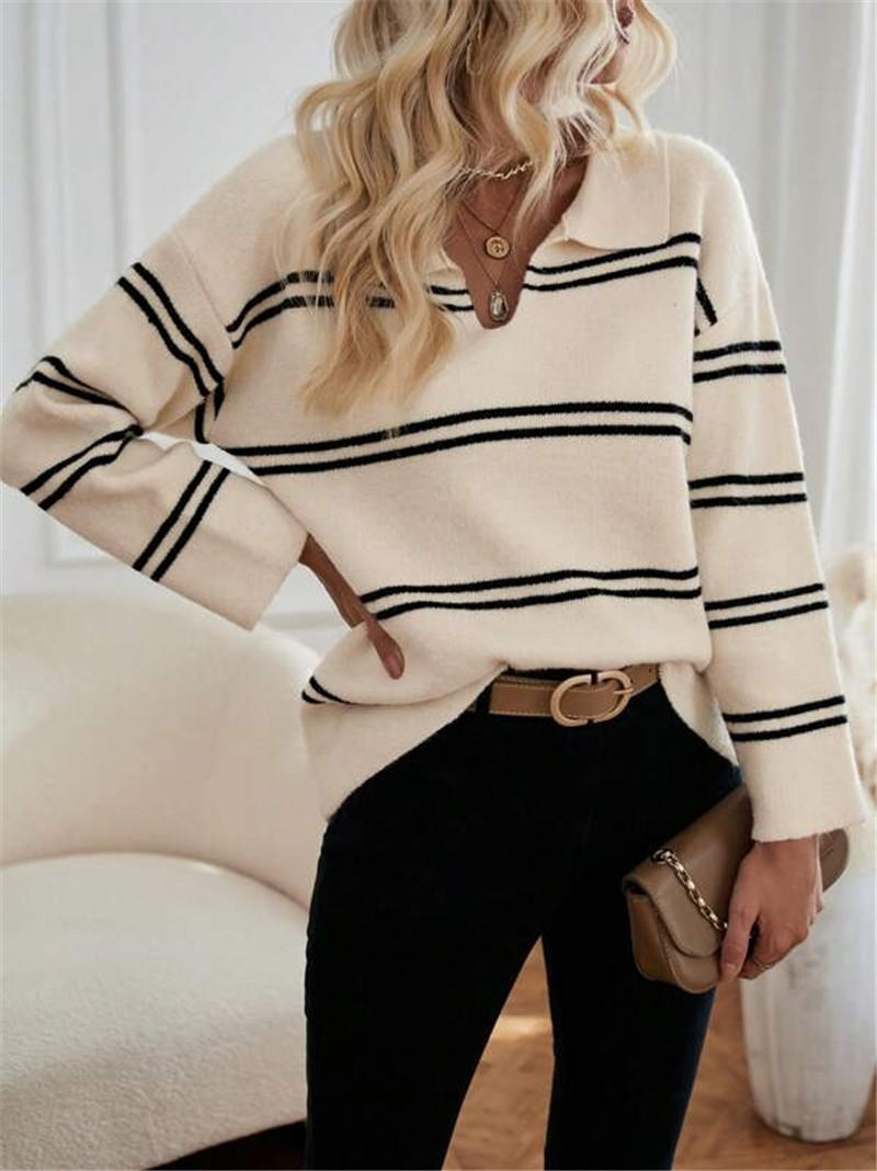 Women's Striped Polo Sweater – V-Neck, Contrast Trim, Long Sleeve (White/Black/Apricot/Red, S-L)_ecoleips.com