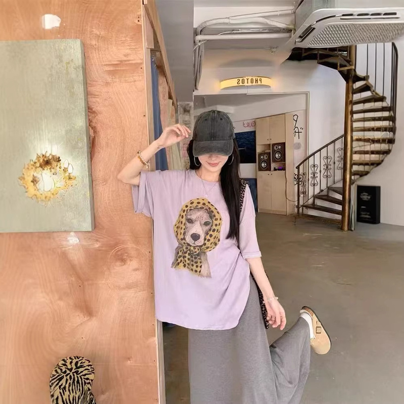 Korean Dongdaemun Scarf Polka Dot Dog T-Shirt 2026 Spring New Women's Loose Versatile Casual Short-Sleeve Top