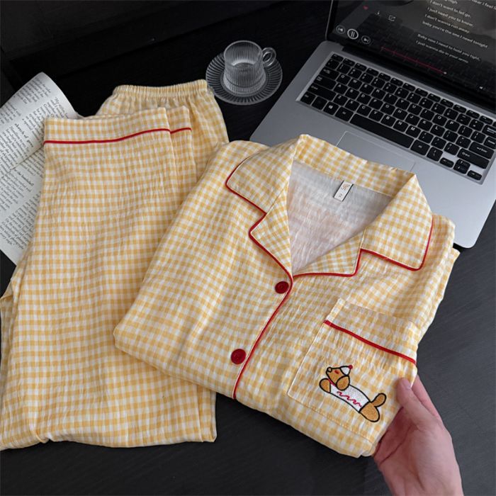 Al por mayor transfronterizo nueva primavera y otoño red bordada delgada nube de algodón dulce pijama de manga larga pantalones largos set de ropa para el hogar