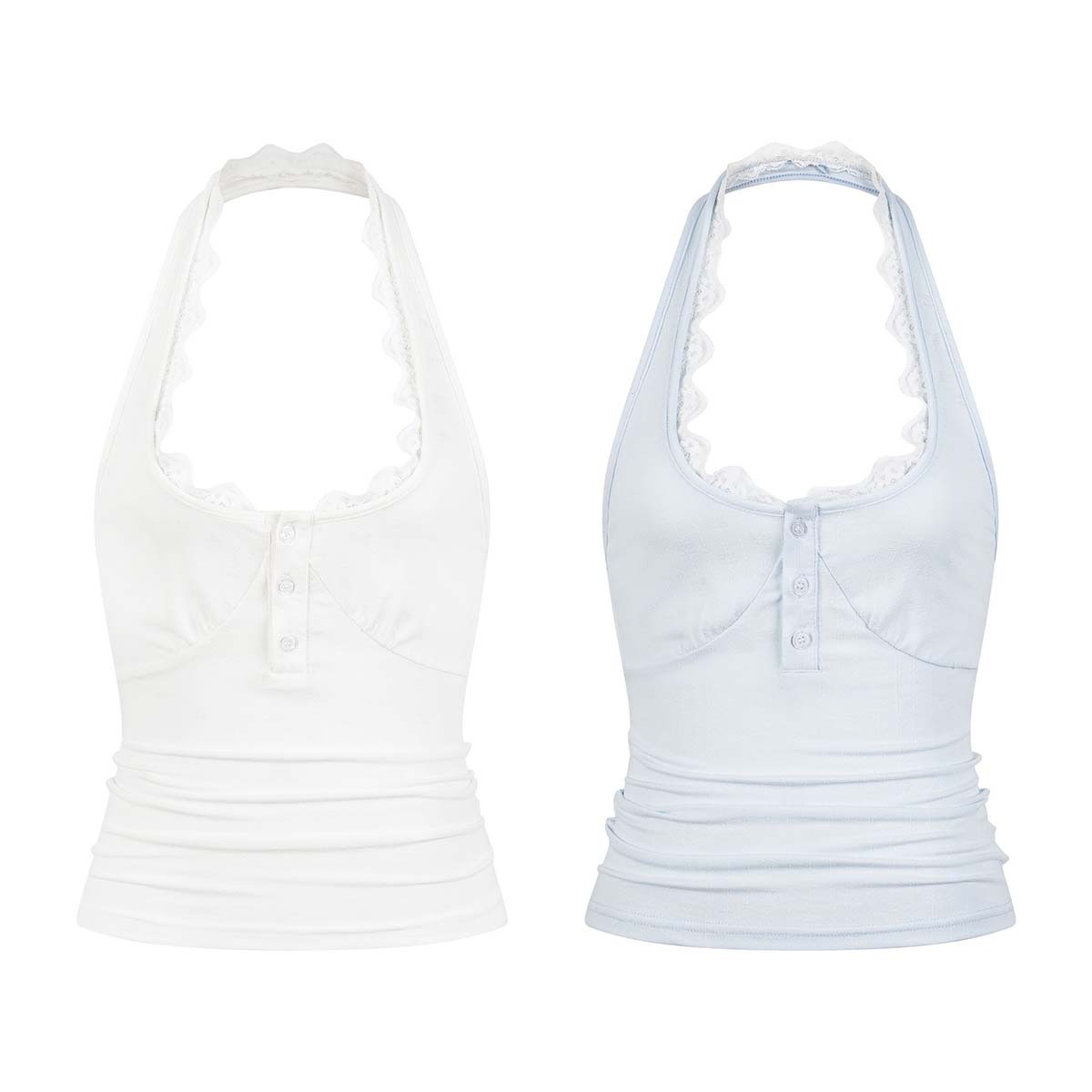 UNBDNS Korean celebrity style pure and alluring lace-trimmed backless halter neck half-open collar button camisole for women, summer.