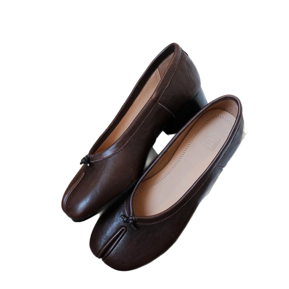 Giày búp bê nữ da bò thật mũi tách ngón gót vuông thô cổ thấp gót 3–6 cm — Da màu đen, hàng có sẵn, Da màu đỏ, hàng có sẵn