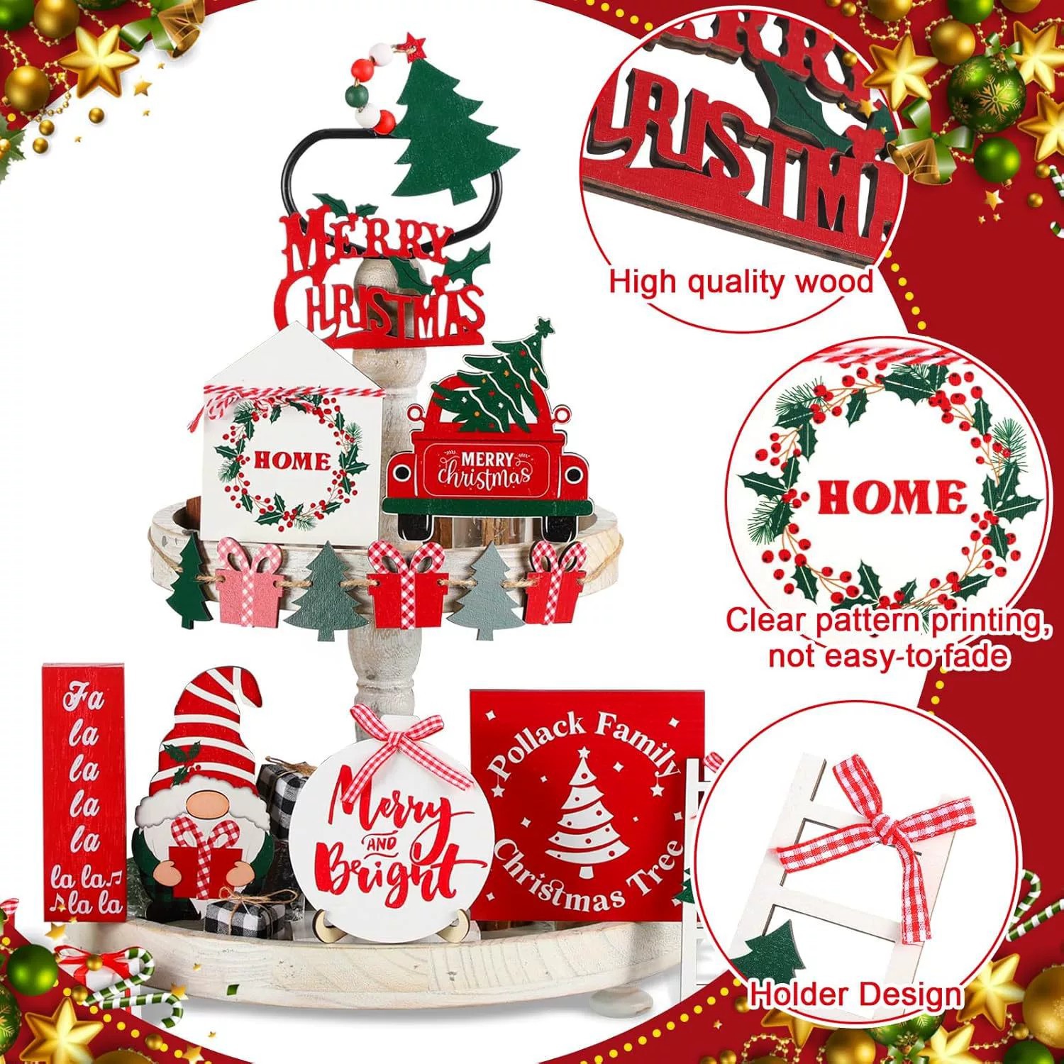 18件圣诞托盘装饰品包括圣诞老人和木牌适合作为桌面中心装饰