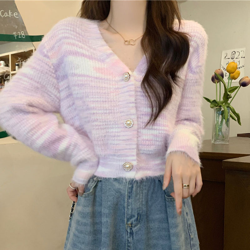 Rainbow Striped V-neck Knitted Cardigan Women's Autumn and Winter Short High Waist Spring Sweater Small Chic Beautiful Top