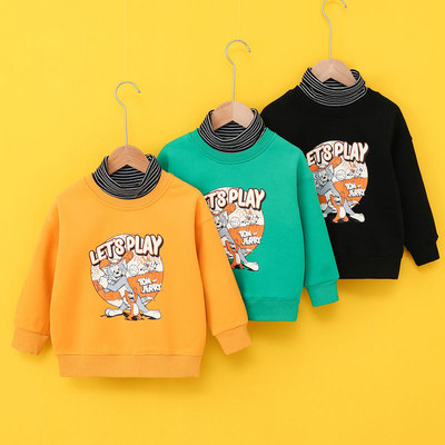 猫和老鼠儿童加绒套头衫男童卡通卫衣女童宝宝加厚假两件套中小童