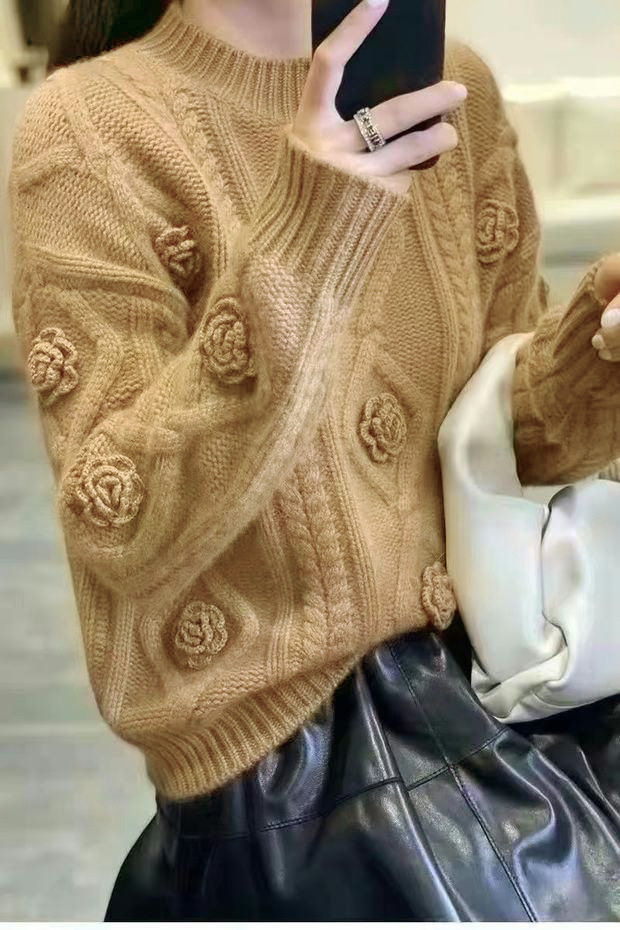 [Kasjmir Arisocraic Family] Fried Dough Twiss-genser med rund hals og blomsterprint, damegenser med løs bomullskrage_voghion.com