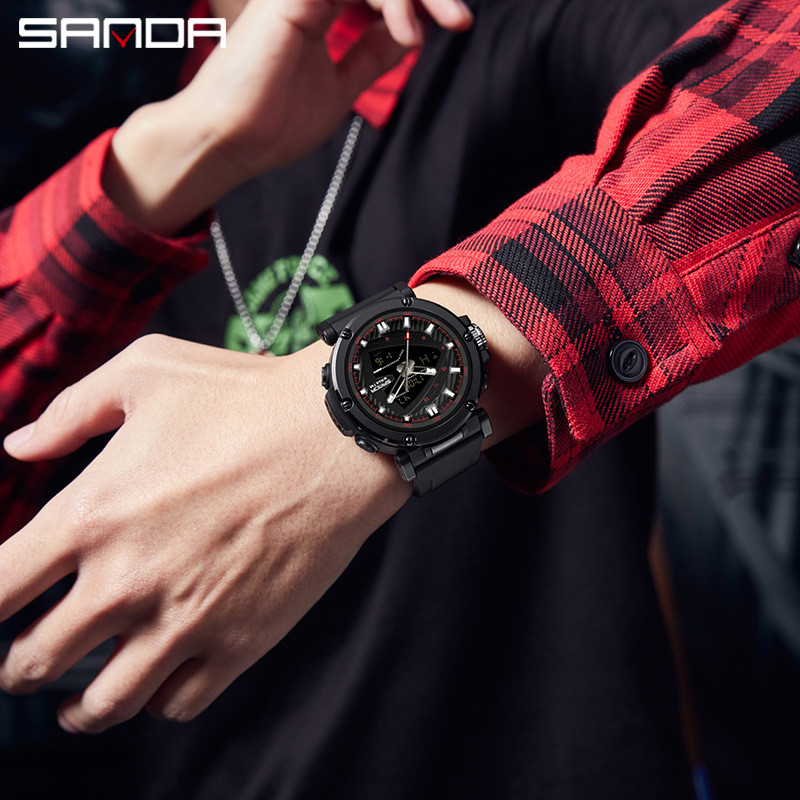 SANDA 9052 estudiantes deportivos impermeable reloj despertador reloj electrónico de moda moda hombre reloj puntero