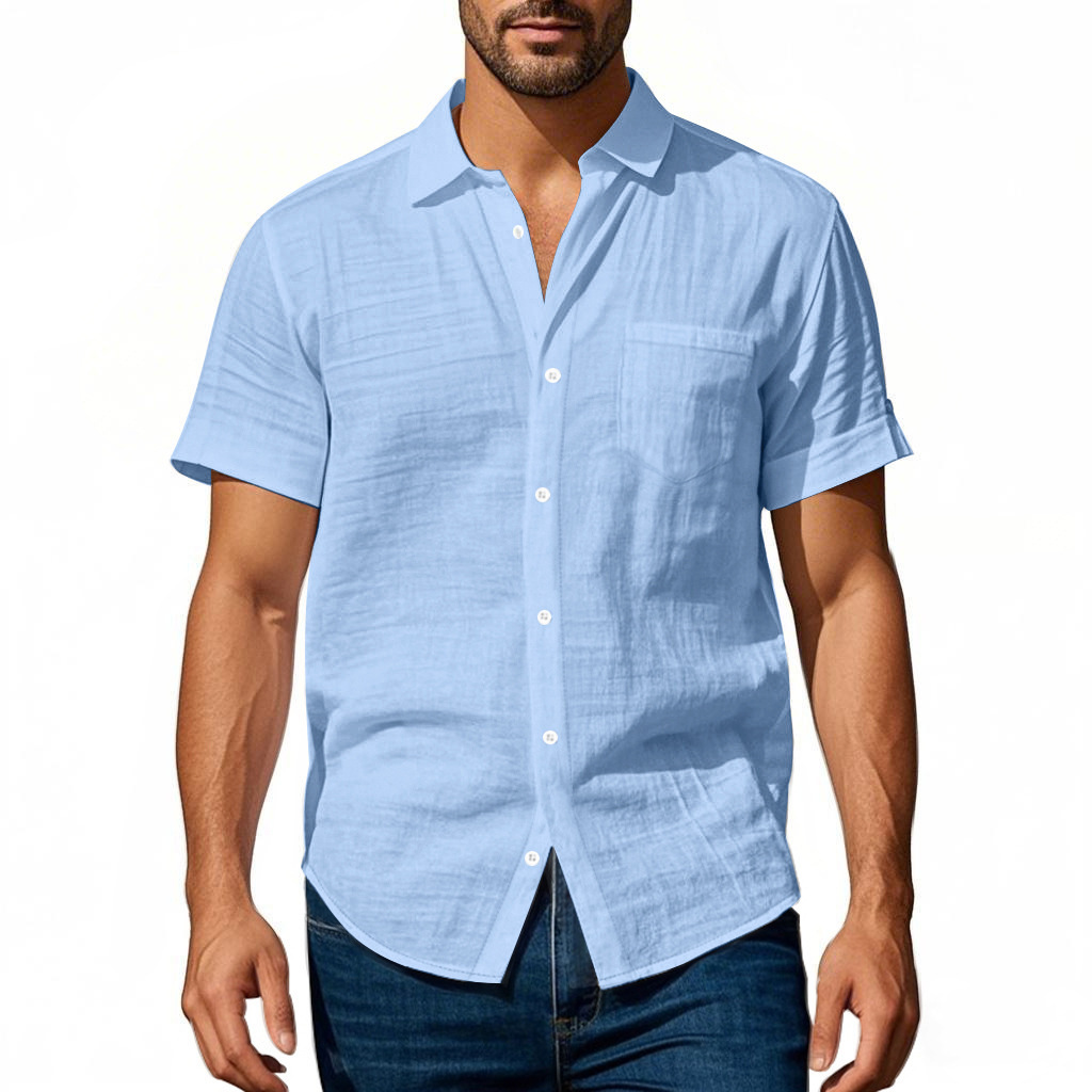 T-shirt homme en lin à col chemise manches courtes ample_voghion.com
