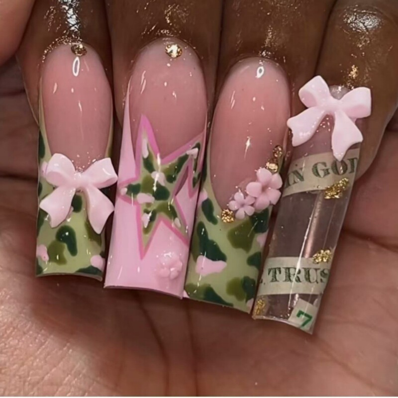 Cross-border hot French camouflage pink bow nail piece finished 24 pieces of European and American explosions fake nails long nails Cross-border hot French camouflage pink bow nail piece finished 24 pieces of European and American explosions fake nails long nails