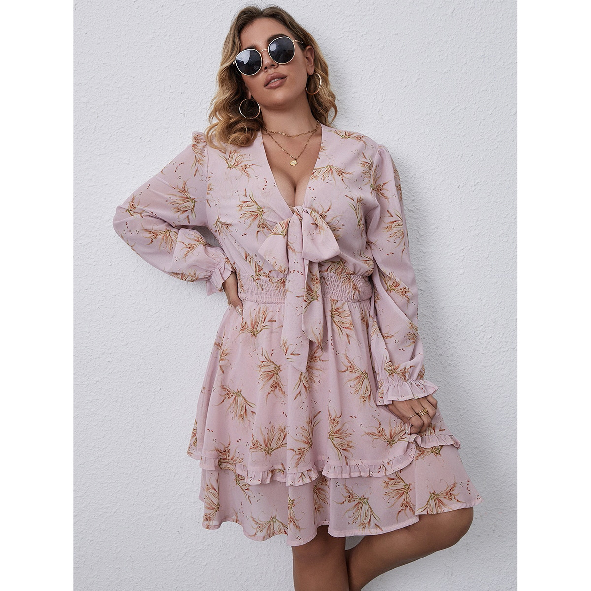 plus size printing long-sleeved V-neck lace ruffled dress NSJKW121141